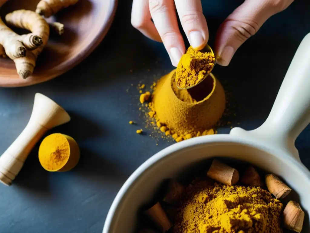 Mano moldeando suplementos antiinflamatorios para practicantes de Kendo con cúrcuma y jengibre, evocando sabiduría ancestral y curación natural