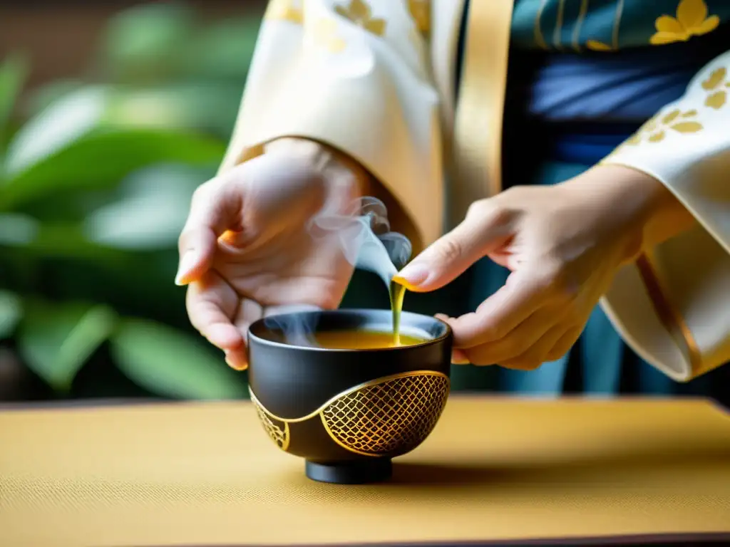 Una mano sostiene una taza de té dorado de cúrcuma y jengibre en un jardín japonés