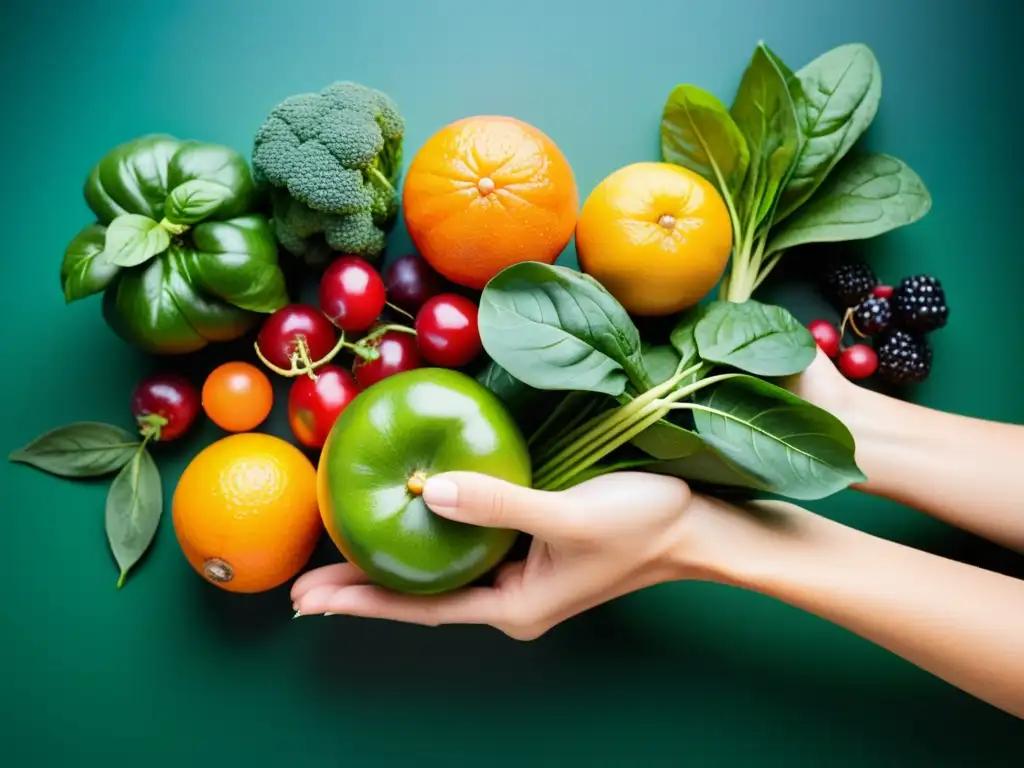 Mano sosteniendo variedad de frutas y verduras frescas, con colores vibrantes y texturas detalladas