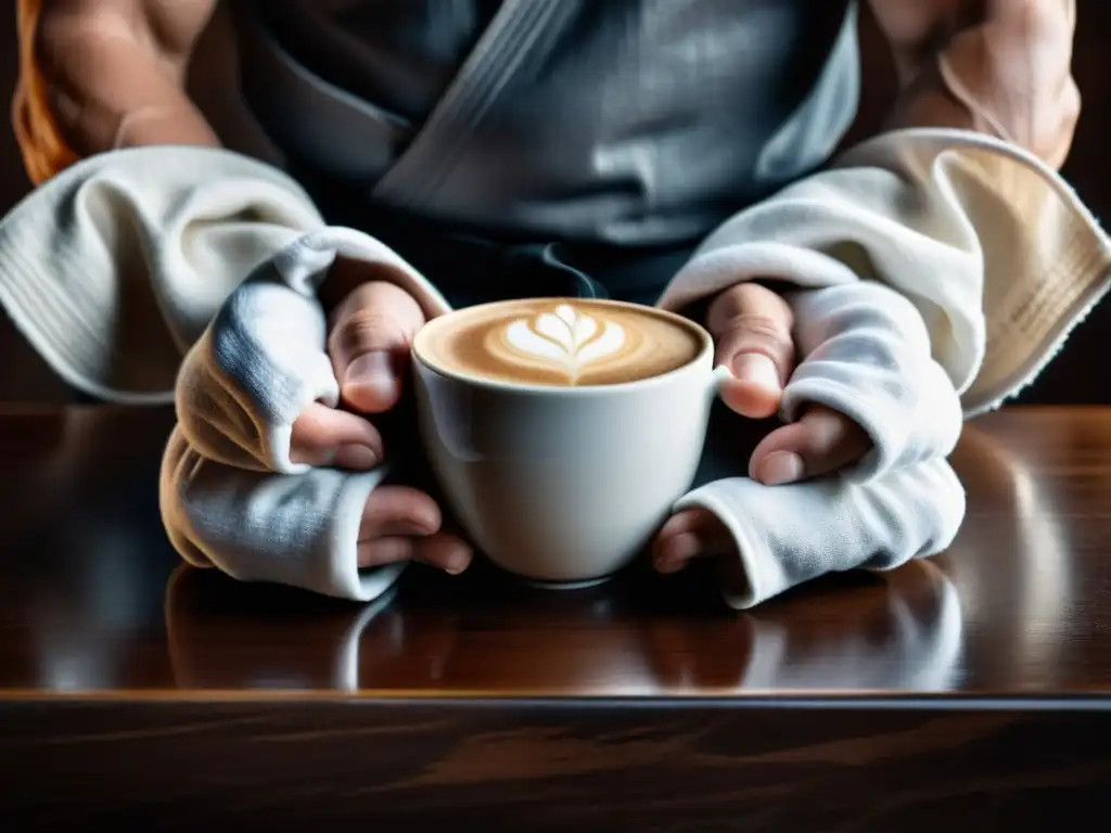 Manos de artista marcial con arrugas y callos sosteniendo una taza de café humeante en una mesa de madera, con equipo de artes marciales de fondo