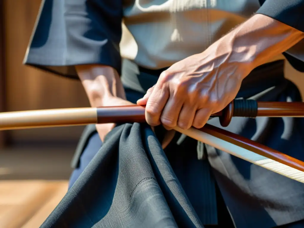 Manos de artista marcial envuelven bokken con concentración, representando la preparación y enfoque antes del combate