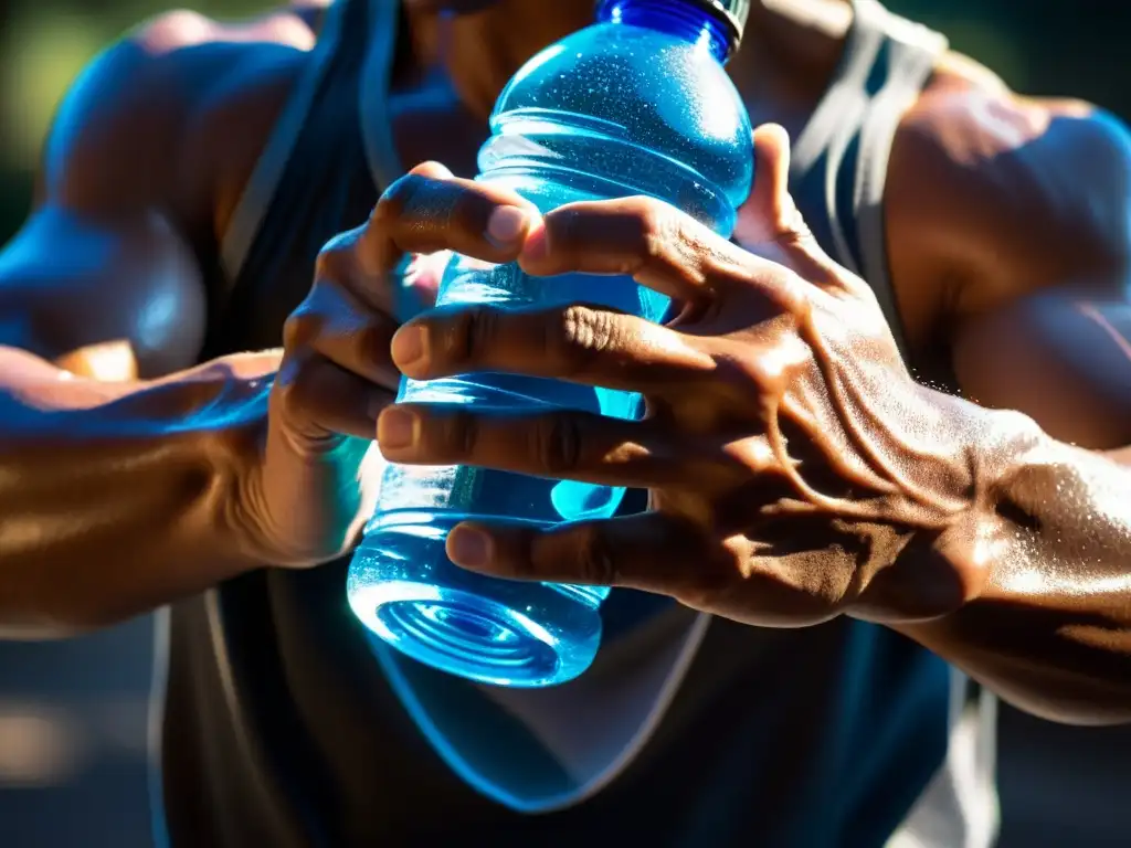 Manos de artista marcial agarrando botella de agua, resaltando la importancia de la hidratación en artes marciales, con determinación en los ojos