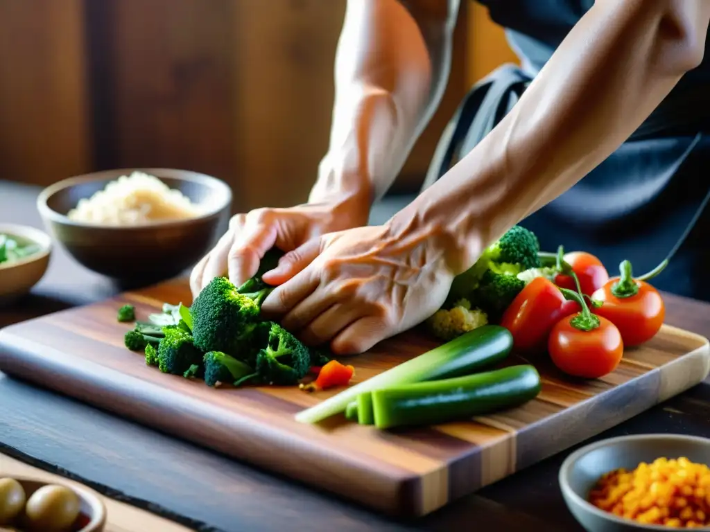 Las manos de un artista marcial preparan meticulosamente una comida tradicional en un entorno sereno con 'Nutrición para la meditación marcial'