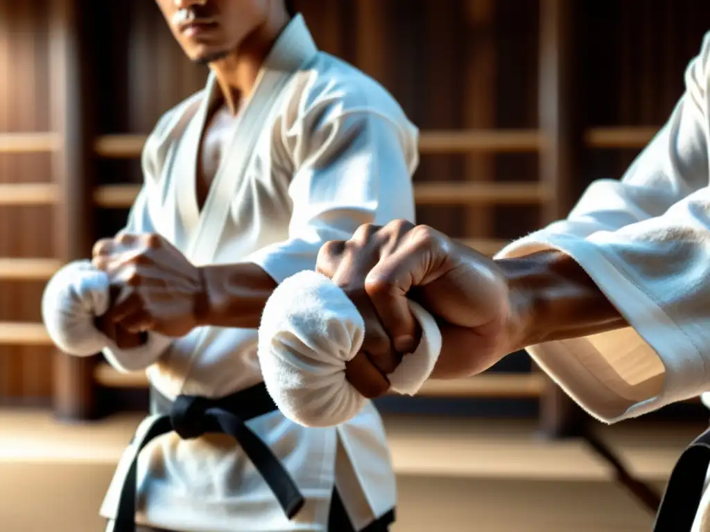 Las manos de un artista marcial sostienen nunchakus en un dojo oscuro y sudoroso