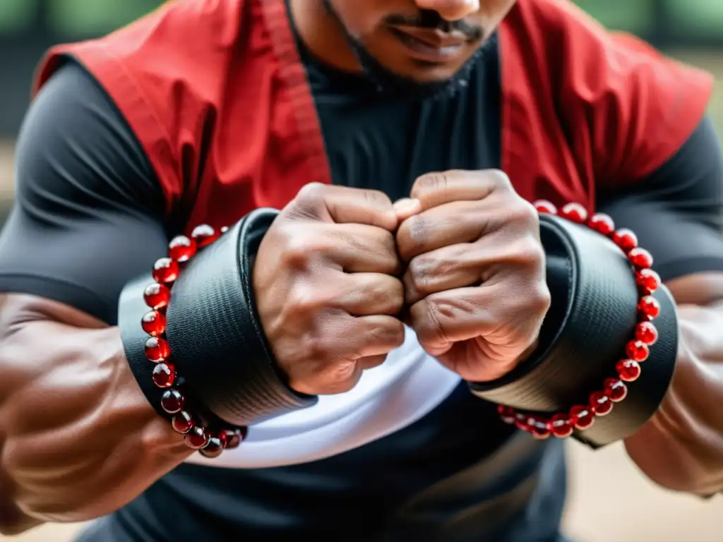 Manos de artista marcial envueltas en vendas tradicionales negras y rojas, resaltando la importancia de la ropa de entrenamiento para artes marciales