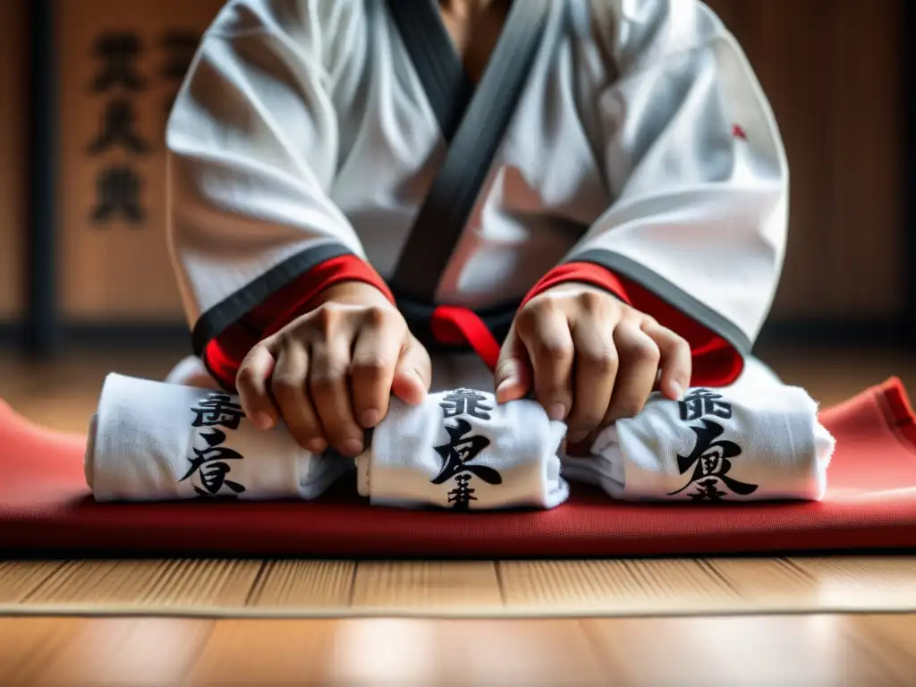 Las manos de un artista marcial envueltas en tela blanca con kanji rojo y negro, destacando la disciplina y preparación en las artes marciales