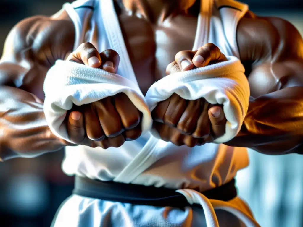 Manos de artista marcial envueltas en tela blanca con citas motivacionales, reflejando la psicología de la derrota en artes marciales