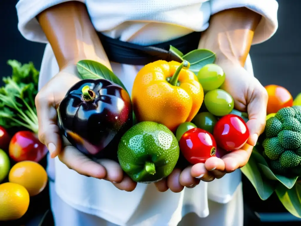 Manos de artista marcial sostienen frutas y verduras frescas, destacando la importancia de vitaminas postcombate en un ambiente de gimnasio