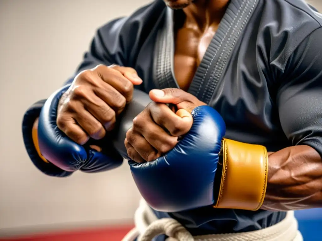 Manos de artista marcial con guantes de agarre, ejecutando una técnica precisa durante un combate de agarre