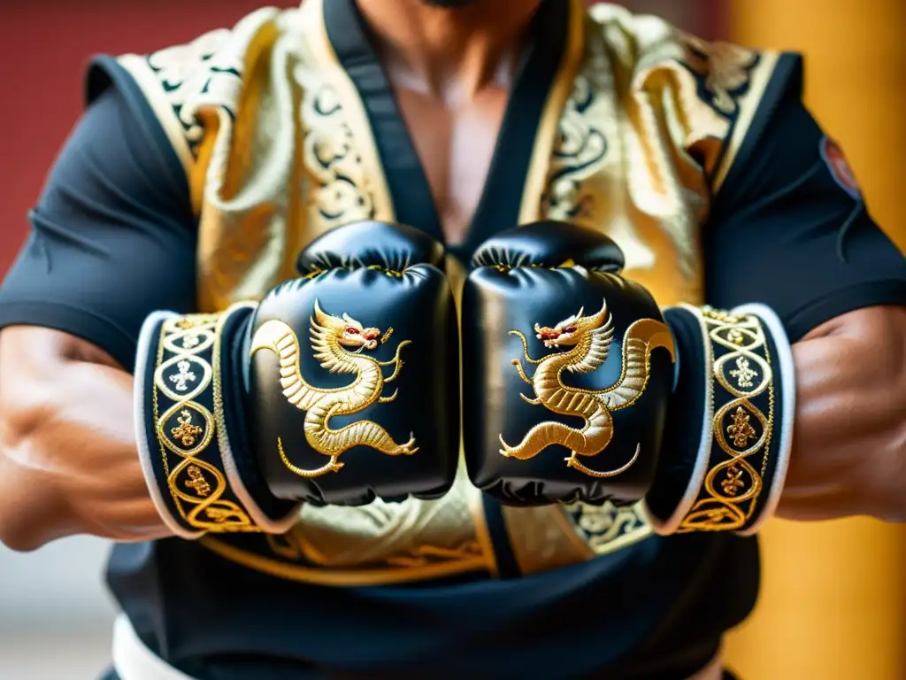 Las manos de un artista marcial en guantes de kung fu negro y dorado, con símbolos chinos