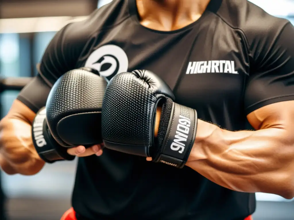 Manos de artista marcial con guantes de agarre negro, demostrando fuerza y determinación en el entrenamiento