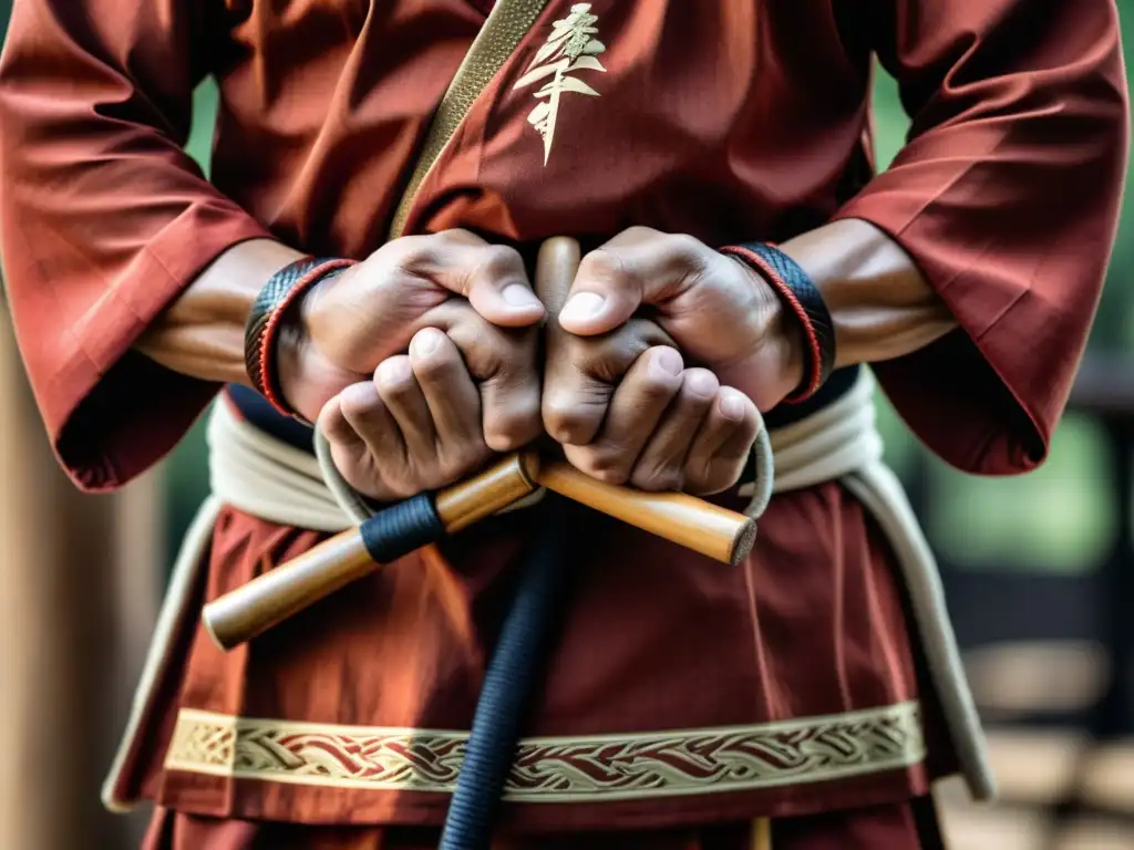 Manos de artista marcial con nunchakus de madera, reflejando fuerza y disciplina en el entrenamiento funcional artes marciales clínicas