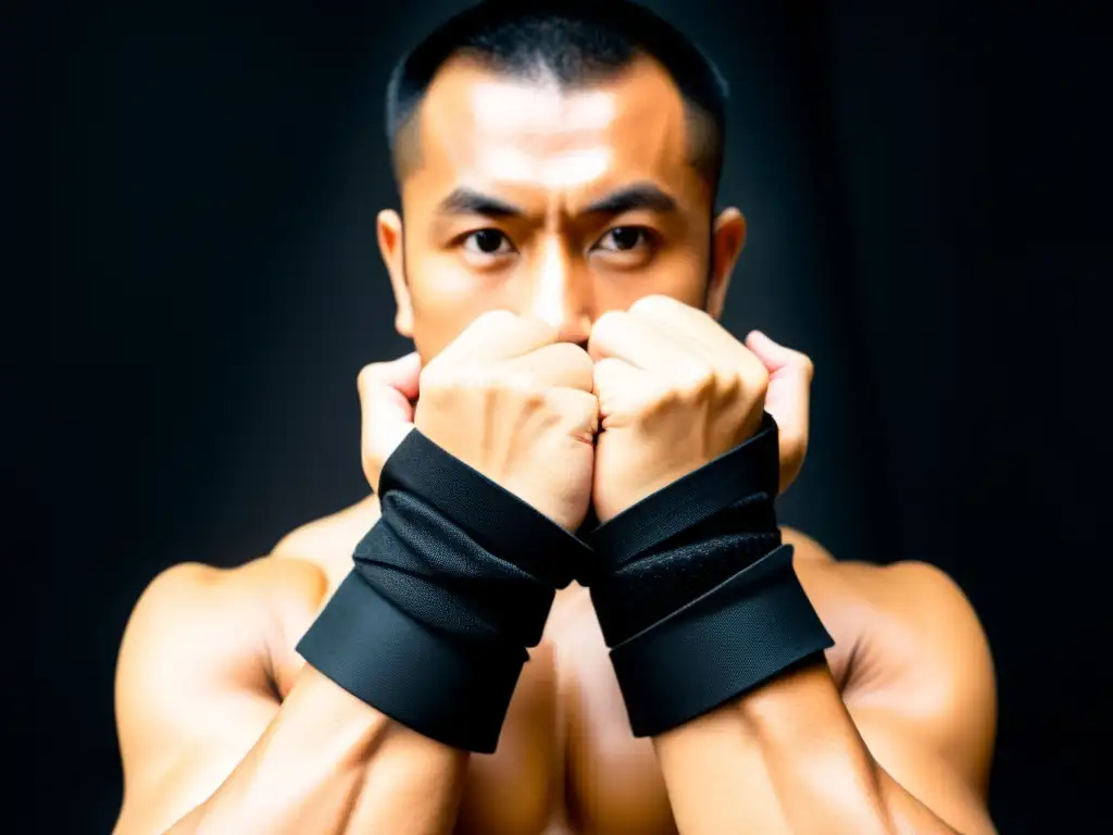 Manos de artista marcial en defensa Manos de artista marcial con muñequeras para artes marciales, listas para la acción en un ambiente de entrenamiento dinámico