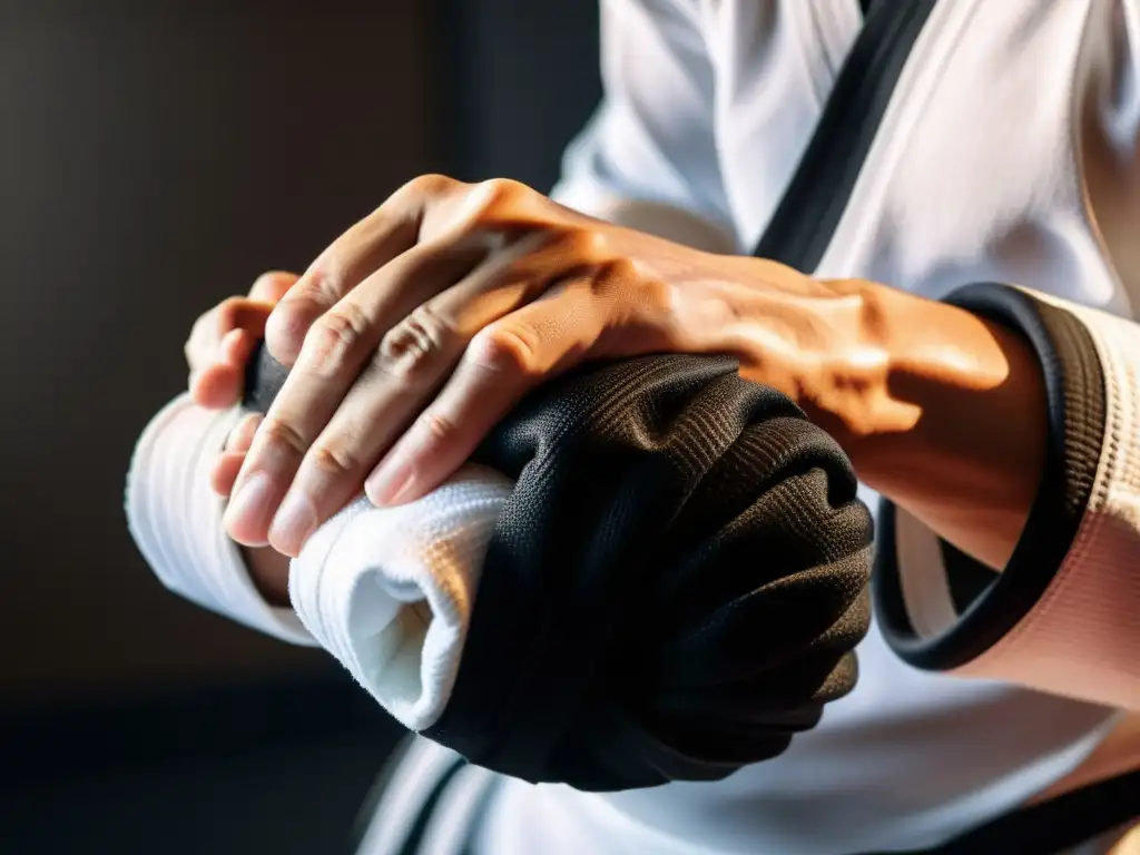 Manos de artista marcial preparando para primer torneo Taekwondo con precisión y determinación