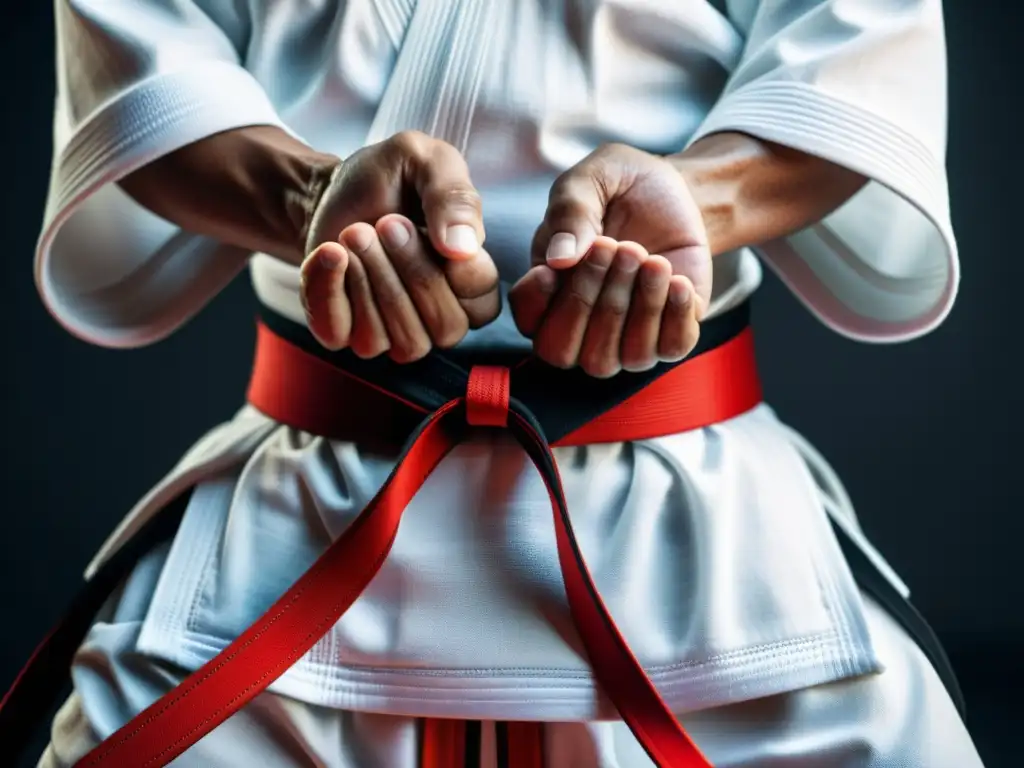Arte marcial: Manos hábiles y determinación Manos de artista marcial con vendas blancas frente a cinturón de karate rojo y negro, mostrando técnica y disciplina