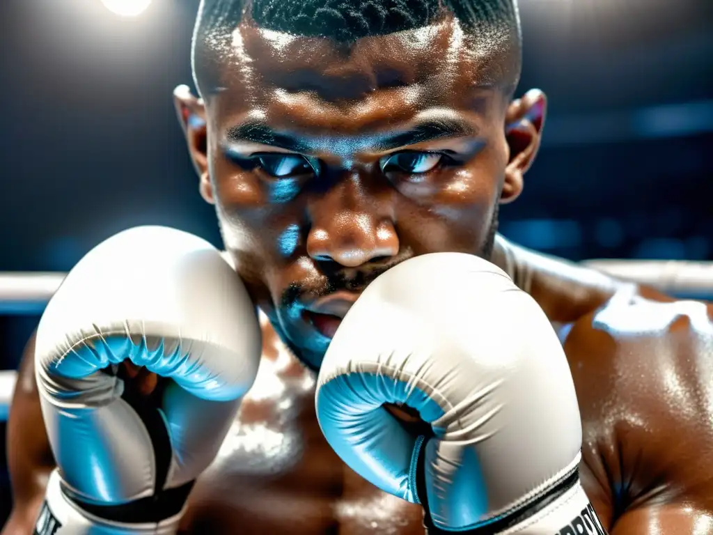 Manos de boxeador envueltas en cinta blanca, mostrando determinación y técnica en el entrenamiento de boxeo