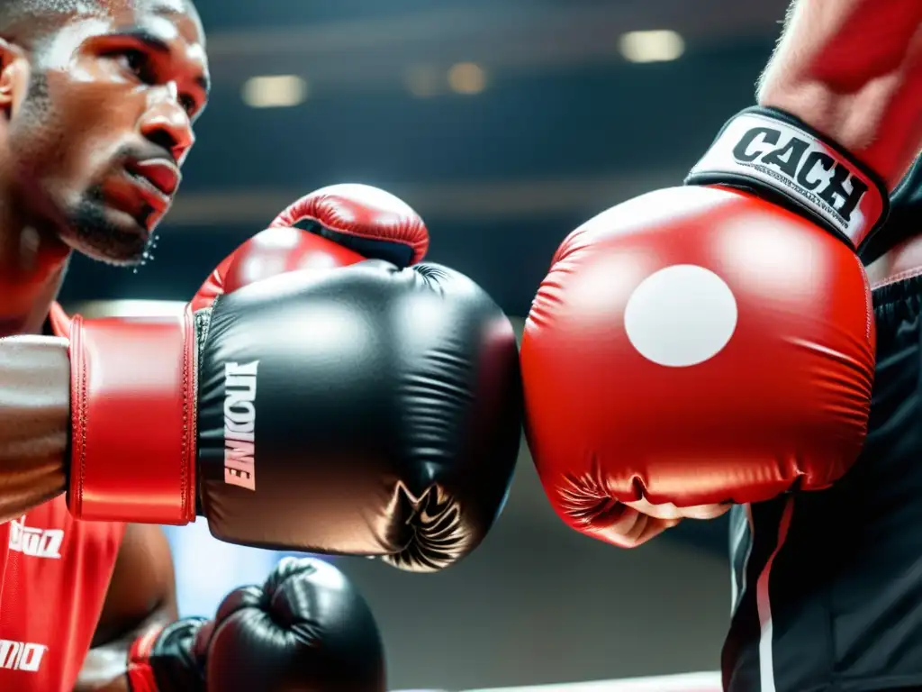 Las manos de un boxeador profesional envueltas en vendas rojas, listas para golpear un foco de entrenamiento