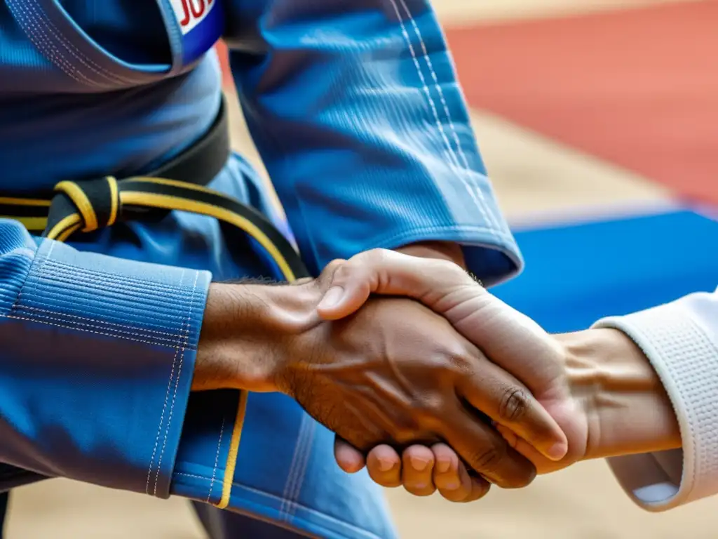 Manos de competidor de judo agarrando fuertemente el gi en una intensa competencia