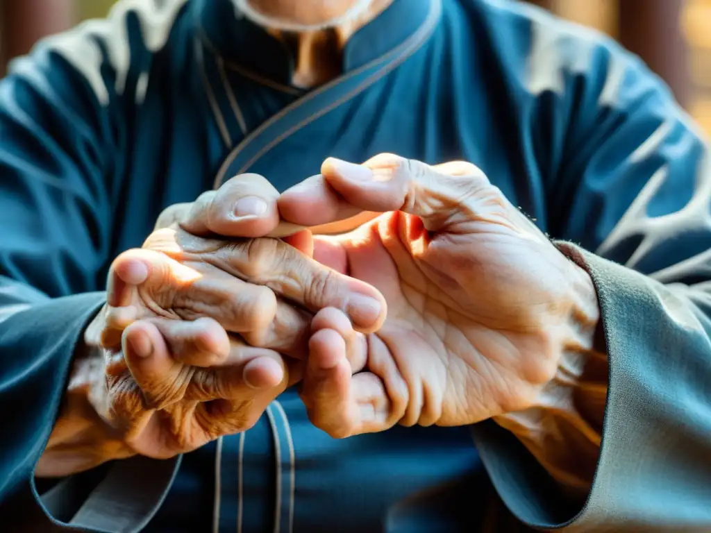 Manos envejecidas de maestro de Tai Chi Sun Lutang, ejecutando movimientos precisos y elegantes en un ambiente de serenidad en el camino guerrero