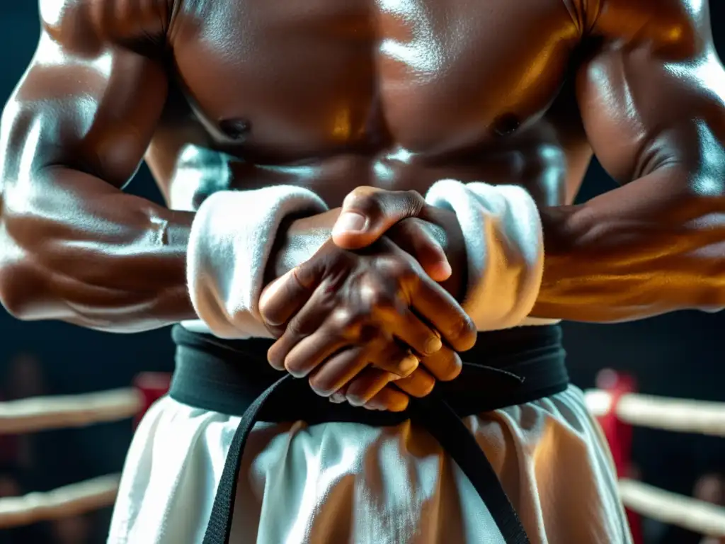 Manos de luchador envueltas en tela blanca, mostrando determinación y disciplina