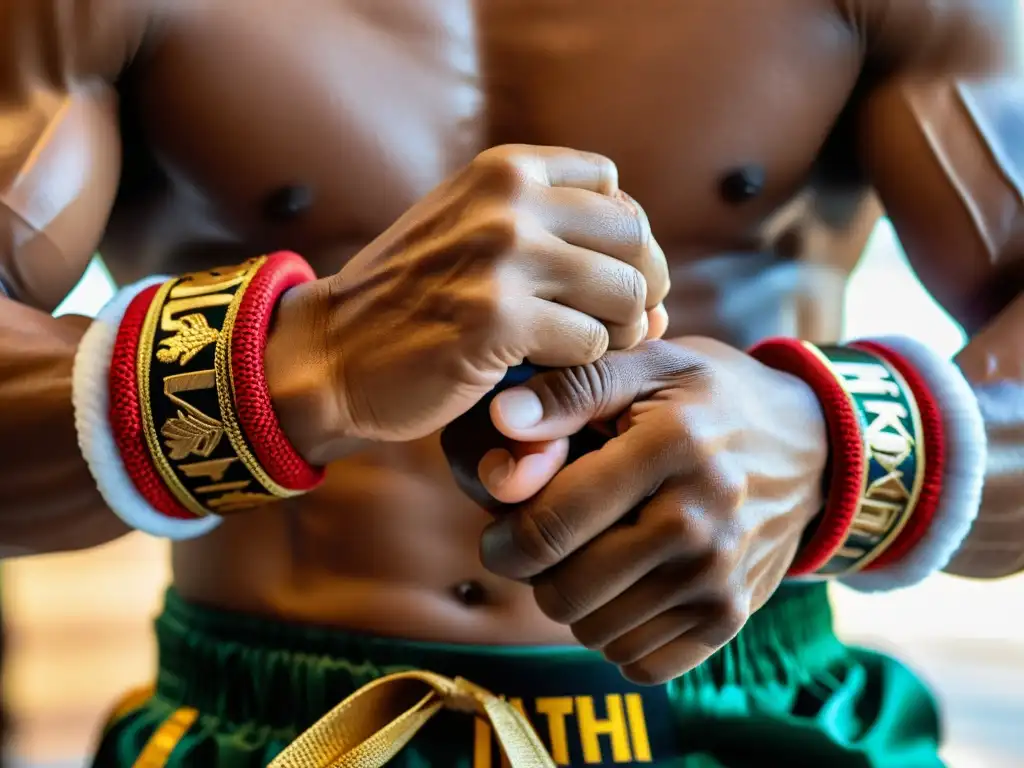 Las manos de un luchador de Muay Thai envueltas en tela tradicional, resaltando la importancia del colágeno para la salud y el rendimiento en el deporte