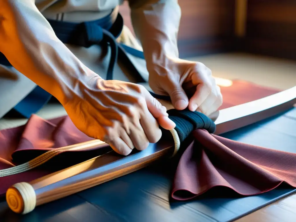 Las manos del maestro de artes marciales envuelven con precisión las empuñaduras de las espadas de madera en un gesto de dedicación y maestría