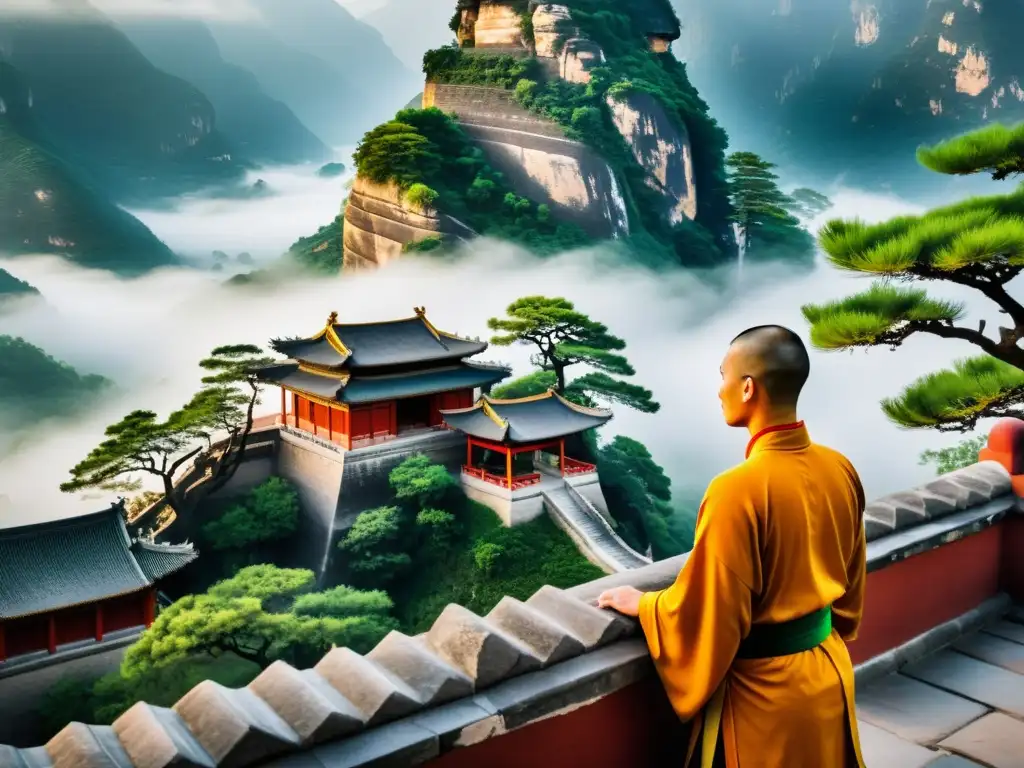 Maravilloso templo Shaolin en las montañas, evocando los orígenes legendarios de las artes marciales en Asia