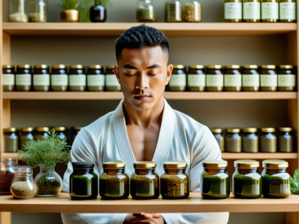 Martial artista en postura meditativa rodeado de estantes con hierbas adaptógenas para estrés, exudando fuerza interior y serenidad