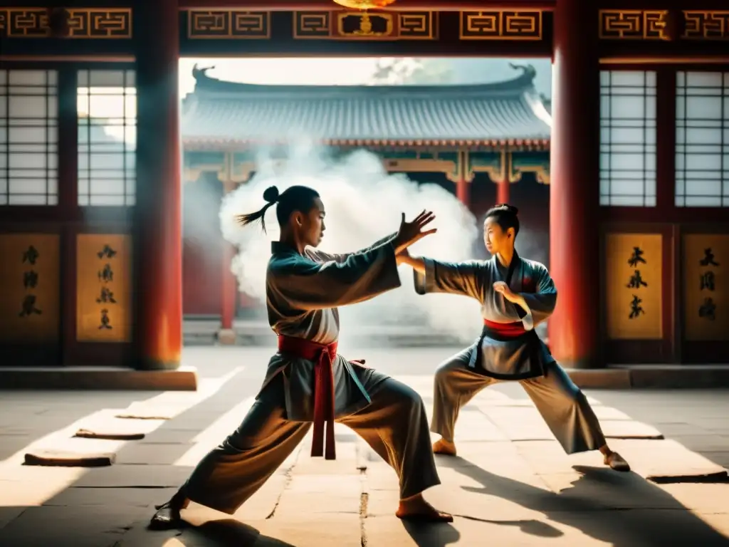 Martial artists practicing Kung Fu in an ancient Chinese temple, mostrando los orígenes milenarios del Kung Fu en un ambiente místico y sereno