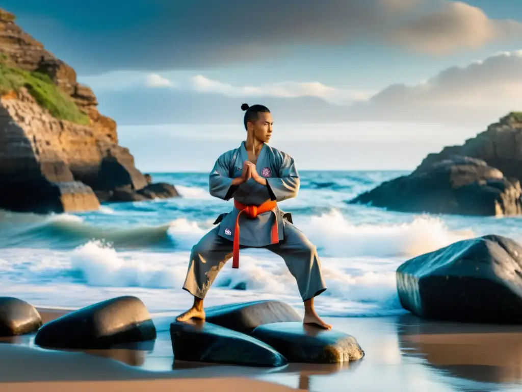 Martial artist practicando propiocepción en la playa rocosa, mostrando determinación y disciplina en entrenamientos de artes marciales