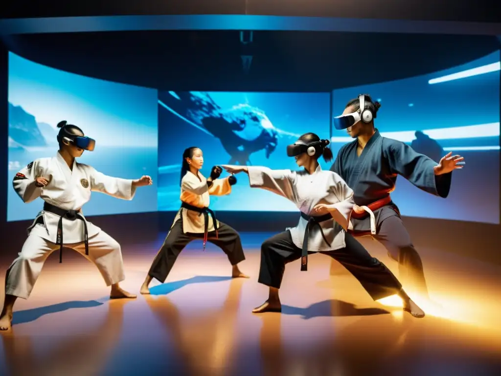 Masters de artes marciales demostrando técnicas en estudio de realidad virtual