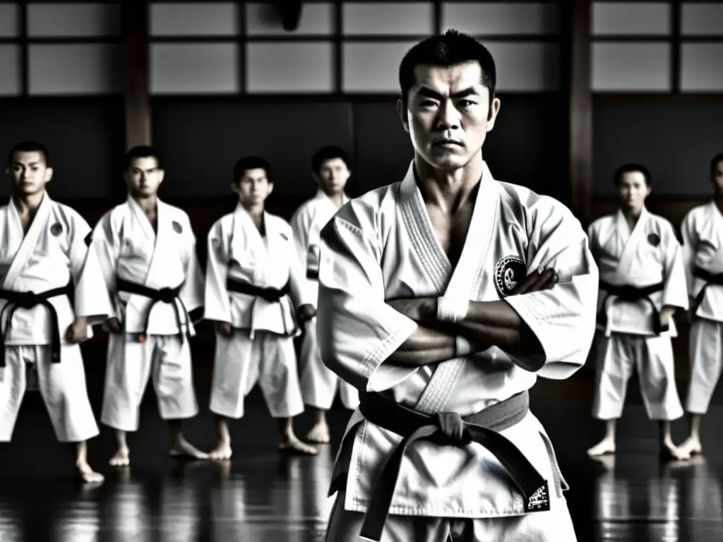 Masutatsu Oyama, fundador de Kyokushin karate, irradia poder y determinación en el dojo, inspirando a sus estudiantes