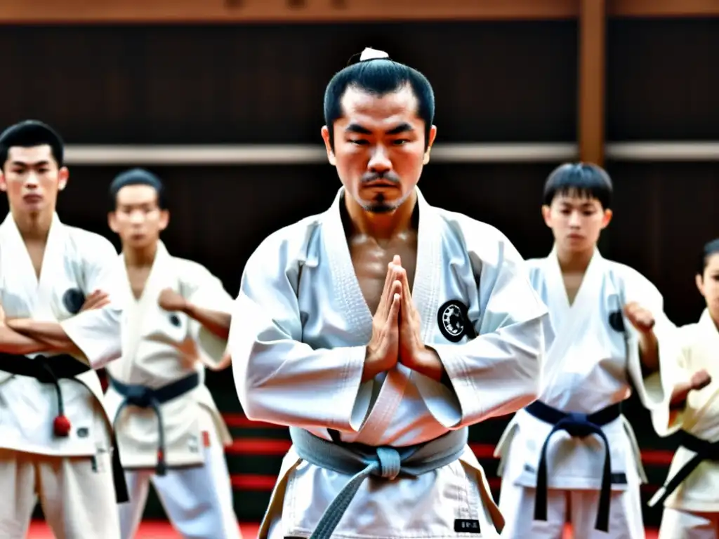 Masutatsu Oyama en postura de karate, rodeado de estudiantes dedicados, reflejando su legado en la vida de Masutatsu Oyama