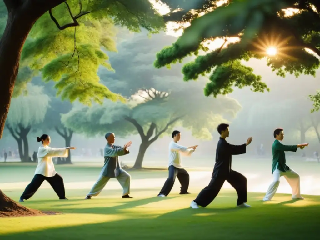 Práctica de Tai Chi al amanecer: armonía en el parque Práctica matutina de Tai Chi Chuan en un parque sereno, fusionando mente y cuerpo en armonía con la naturaleza