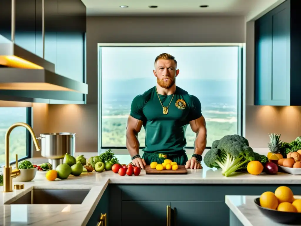 Conor McGregor preparando una comida de alto rendimiento en su cocina, destacando la alimentación para atletas marciales de élite