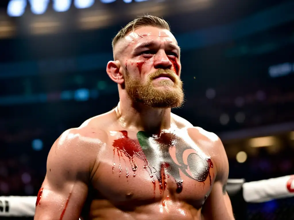 Conor McGregor impacto popularización MMA: Imagen documental de McGregor en el octágono, con el rostro magullado y determinación en la mirada