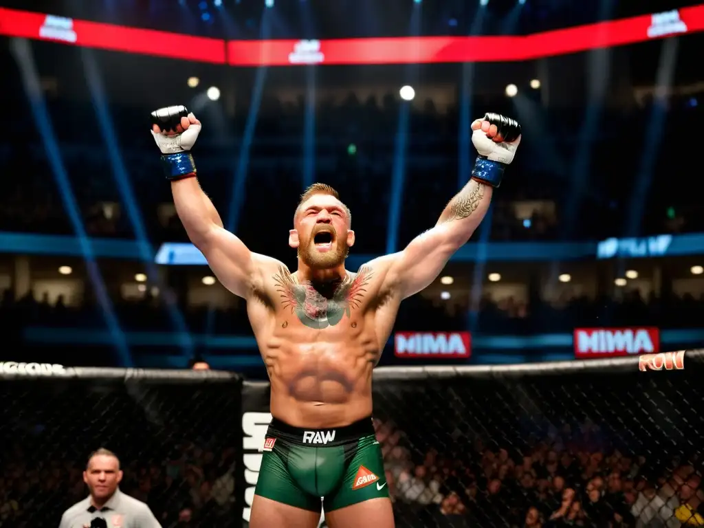 Conor McGregor en el octágono, victorioso, con el público rugiendo detrás, mostrando el impacto y legado de su profesionalismo en las MMA