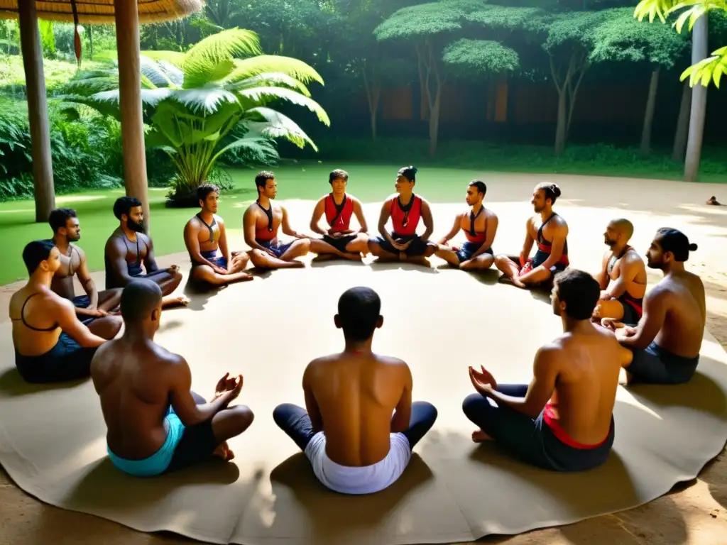 Práctica de Kalaripayattu en medio de la naturaleza, con ejercicios de prevención lesiones y descanso en grupo