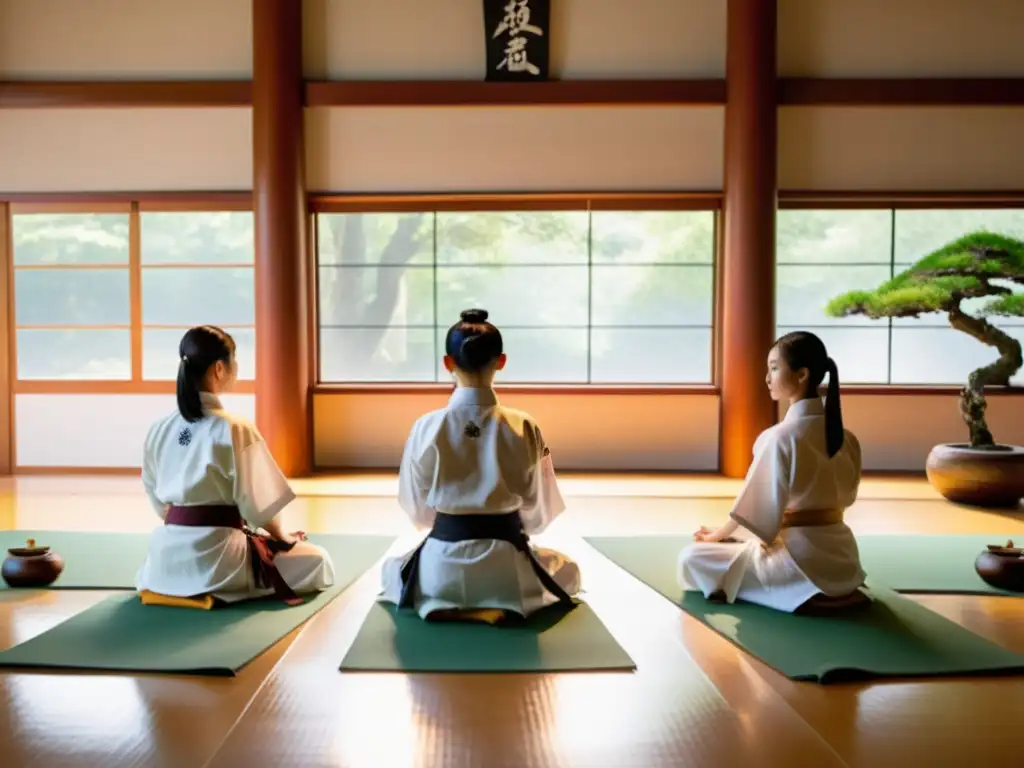 Práctica meditativa en dojo de artes marciales, integración de espiritualidad y artes marciales en ambiente sereno y reverente