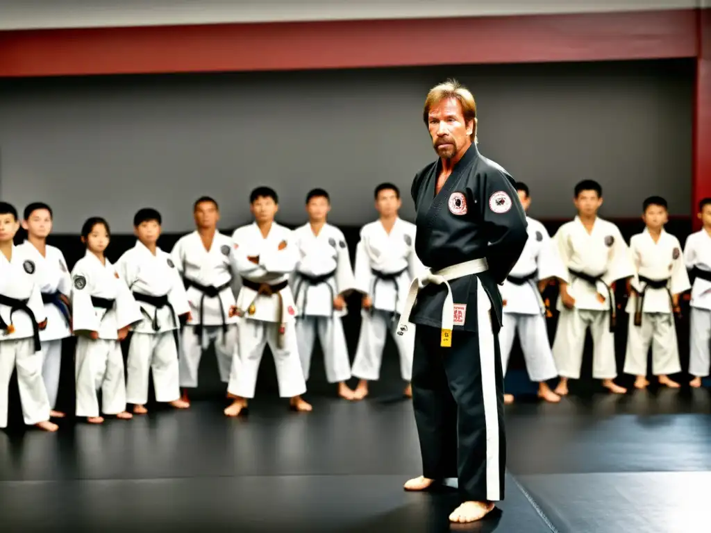 Chuck Norris en su mejor momento, liderando una clase de Tang Soo Do en un dojo