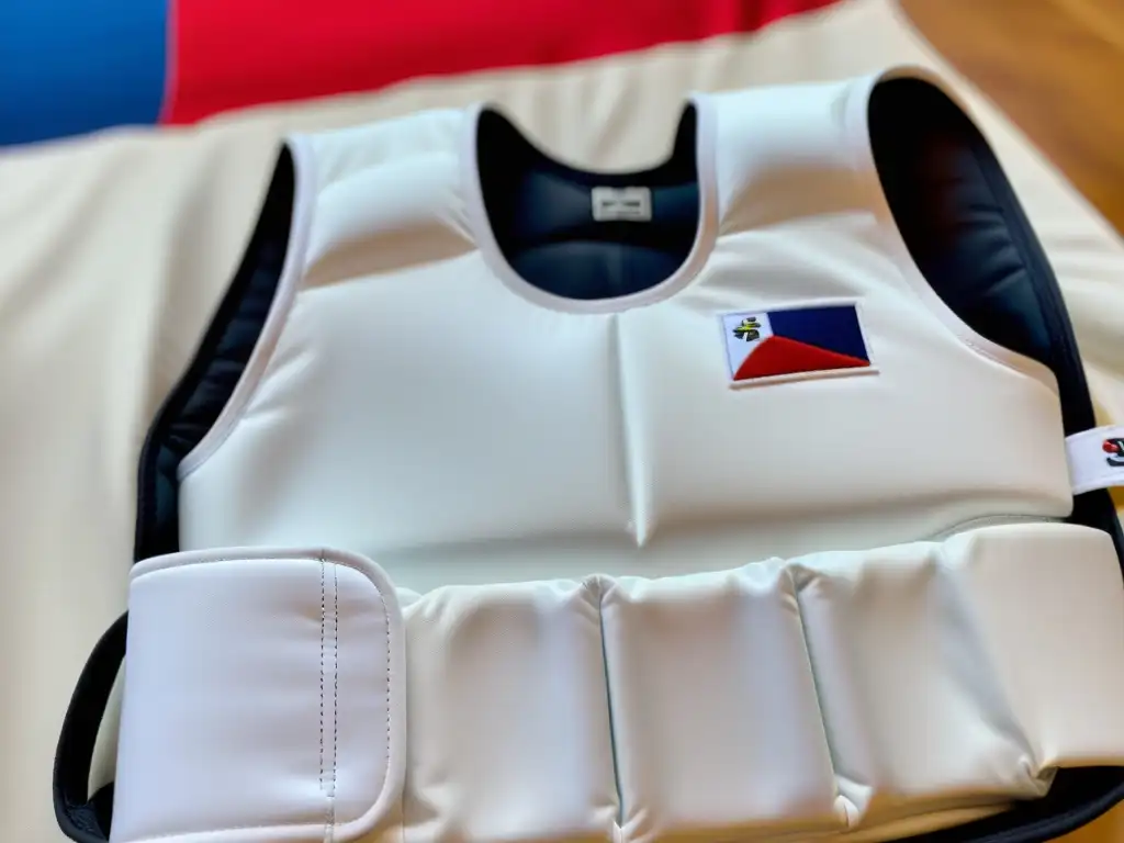 Los mejores protectores de tórax de Taekwondo en detalle, mostrando su calidad artesanal y durabilidad, con atletas en acción de fondo