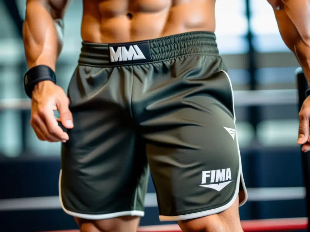 Los mejores shorts de MMA para entrenamiento descansan sobre un banco de gimnasio, con detalles nítidos y la determinación de un atleta en el fondo