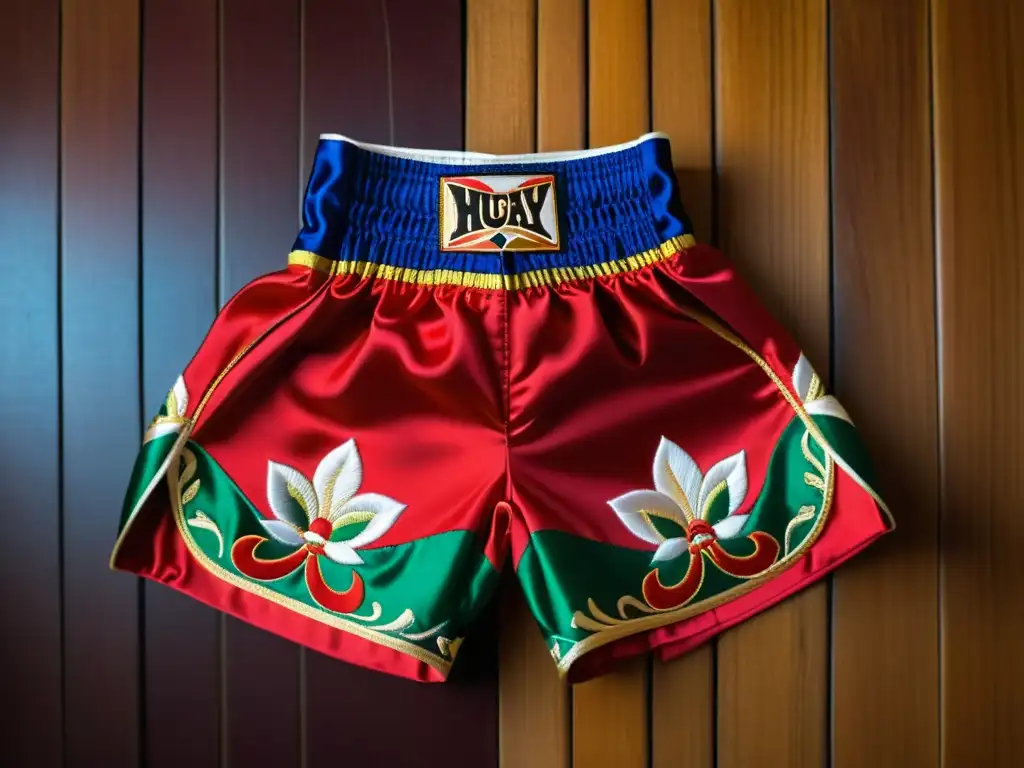 Los mejores shorts de Muay Thai tradicional: detallados bordados en satin, colores vibrantes y sombras dramáticas resaltan su autenticidad