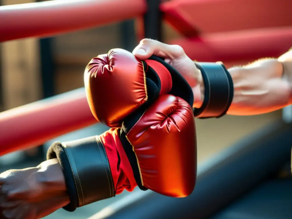 Las mejores vendas para artes marciales envuelven con determinación unos puños en un estudio bañado en luz dorada