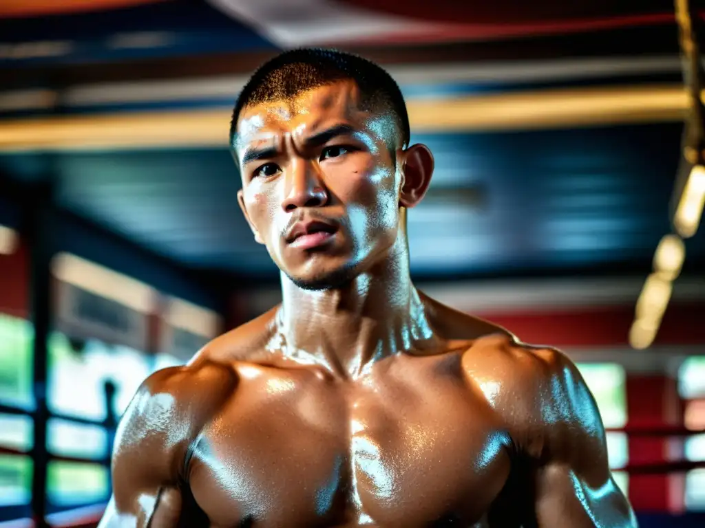 Preparación mental para Muay Thai: Luchador enfocado en entrenamiento intenso en gimnasio auténtico, rodeado de otros atletas y motivación