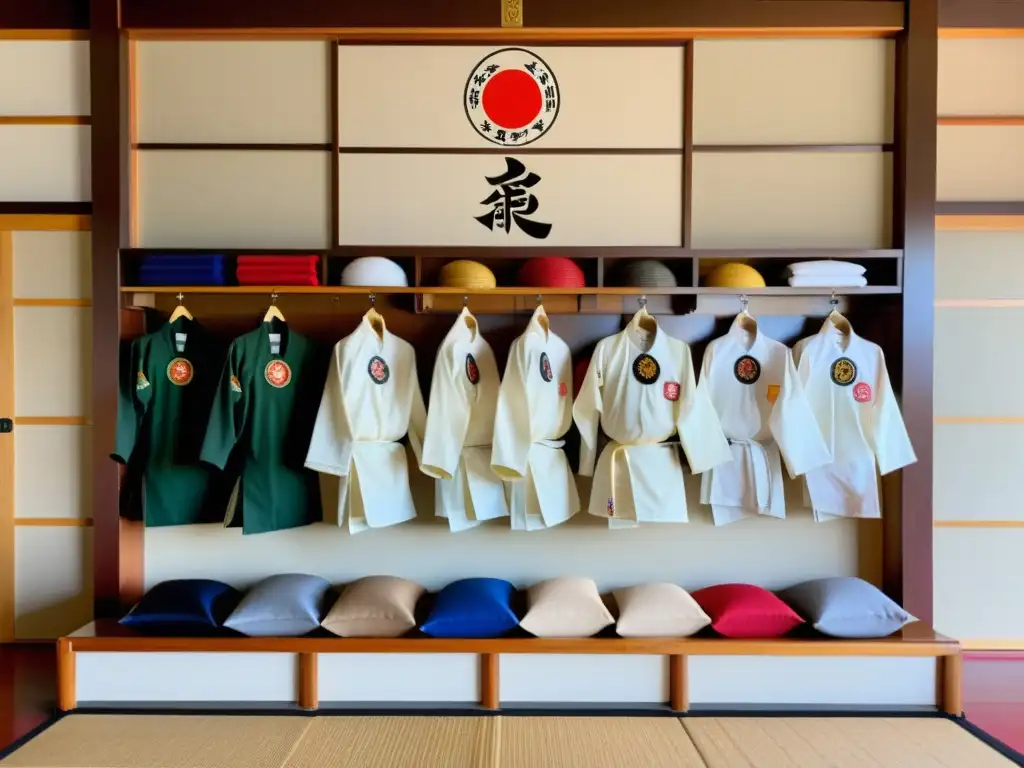 Merchandising oficial de karate en un dojo tradicional con karategis a la venta y práctica enfocada de estudiantes y sensei