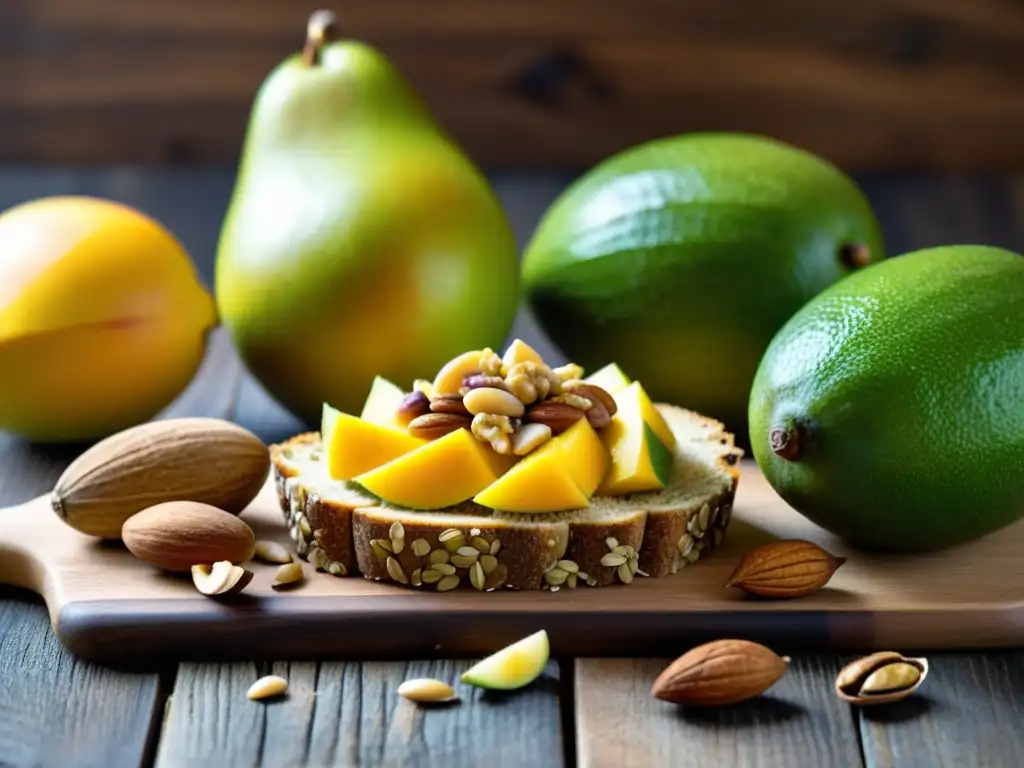 Una mesa rústica llena de frutas frescas, nueces y granos enteros, bañados en cálida luz natural