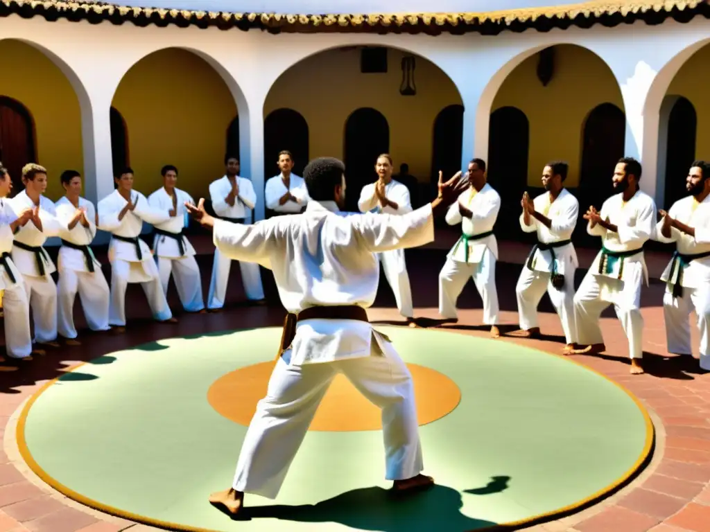 Un mestre de capoeira viste de blanco en un animado patio, rodeado de estudiantes en pleno juego