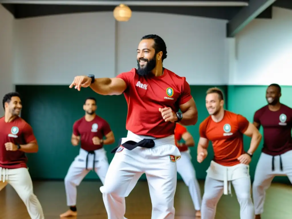 Un mestre de capoeira lidera una clase virtual con participantes de todo el mundo, en una atmósfera vibrante y envolvente