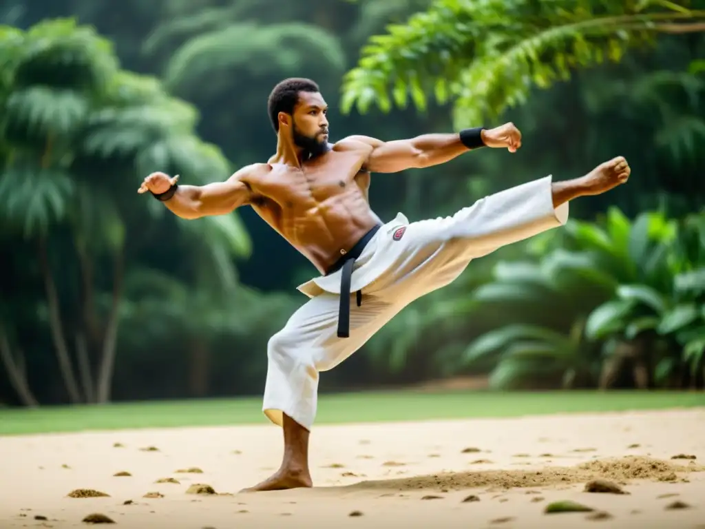 Un mestre de capoeira experimentado realiza una 'quebrada' con técnicas avanzadas de Capoeira en un claro rodeado de exuberante vegetación